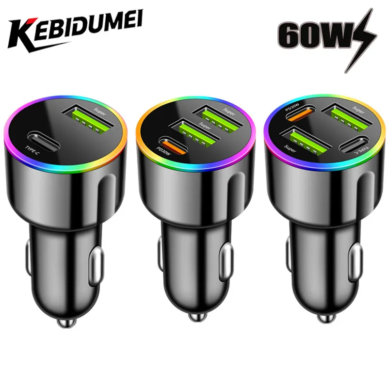 

Автомобильное зарядное устройство PD30W Быстрая зарядка от одного до четырех автомобильного прикуривателя Автомобильное зарядное устройство с вспышкой и красочной подсветкой для смартфона