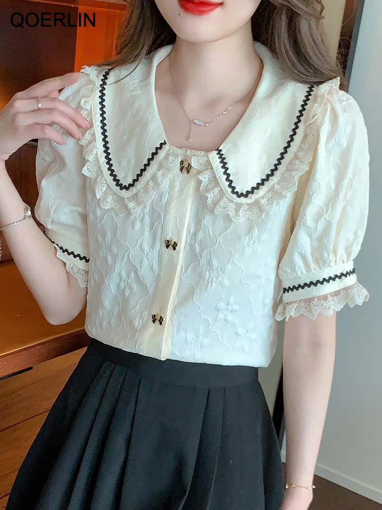 

QOERLIN Doll Collar Short Sleeve Summer Chiffon Shirts Women Single-Breasted Chic Button Blouse Female Elegant Tops 2023 New