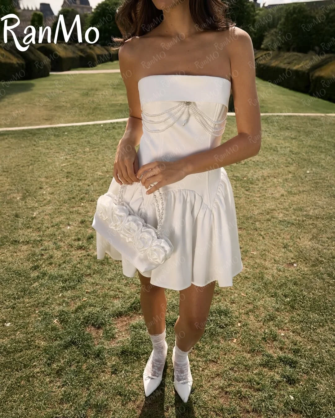 Ranmo Maßgeschneiderte weiße Hochzeits-Abschlussballkleider, trägerlos, A-Linie, Mini-Braut-Abendkleid, Satin, ziviles Brautparty-Cocktailkleid