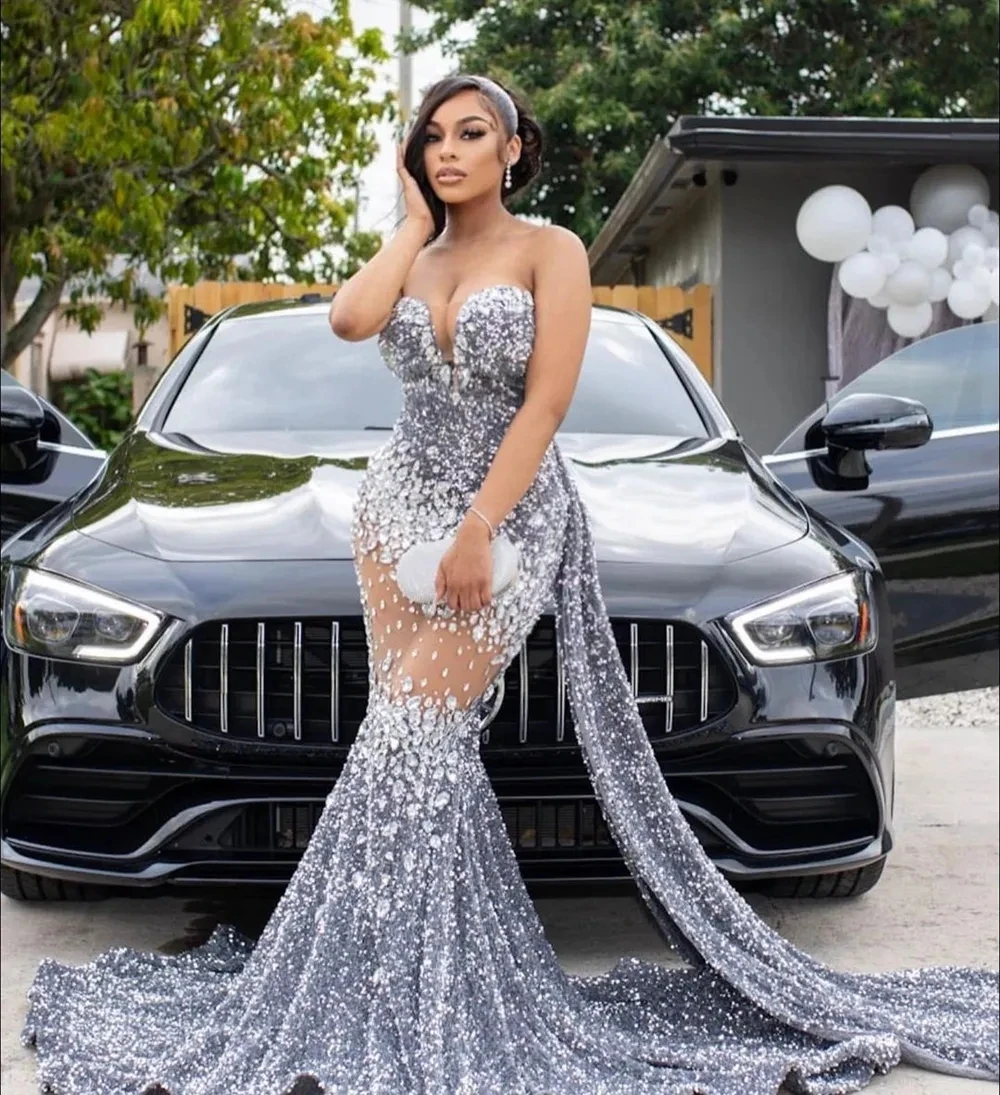 New Arrival Sexy Mermaid Black Girls Prom Dresses Sweetheart African Crystals Burgundy Sequin Floor Length Gala Prom Gowns