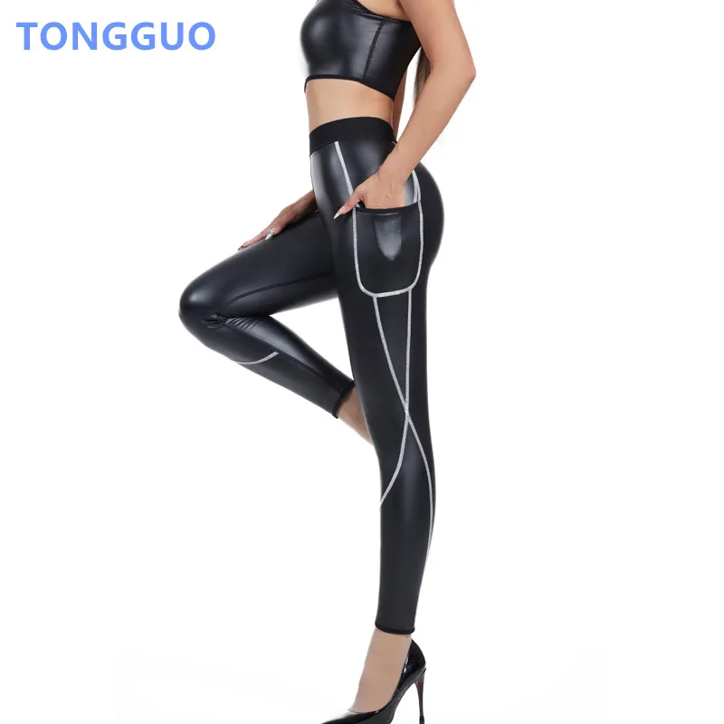 

Крутые брюки из искусственной кожи для девочек, тонкие леггинсы с высокой талией, формирователь талии, белые брюки с вышивкой и карманами