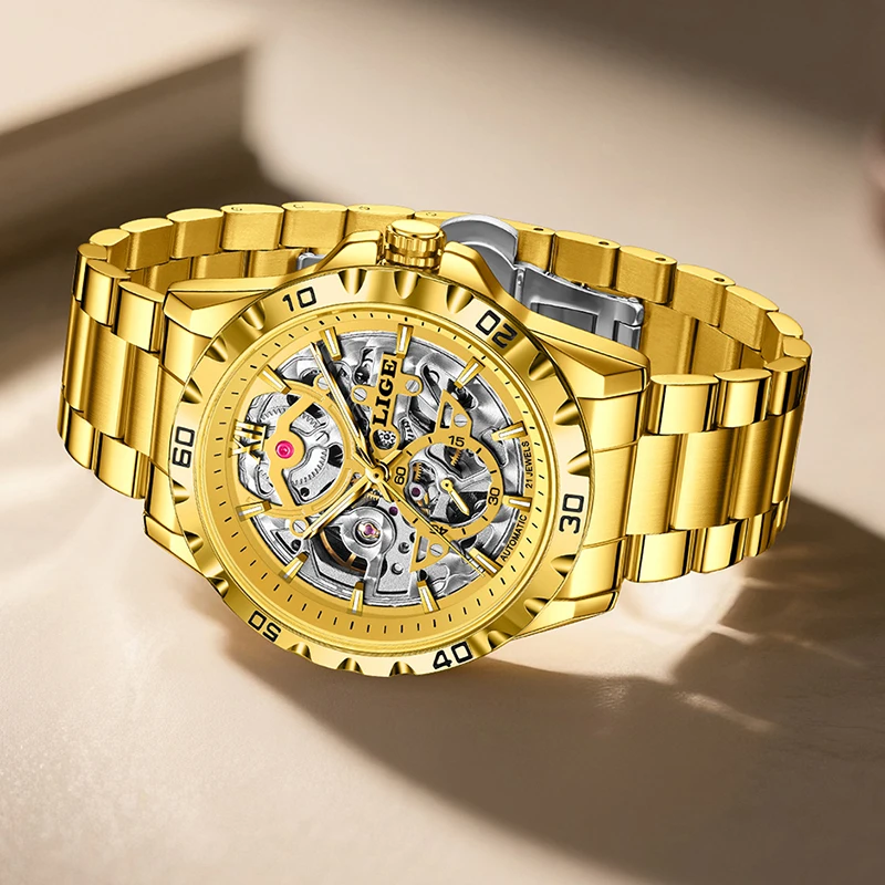 LIGE Fashion Sport Men Mechanical Watch Stainless Steel Waterproof Hollow Skeleton Automatic Watches For Men Relogios Masculino