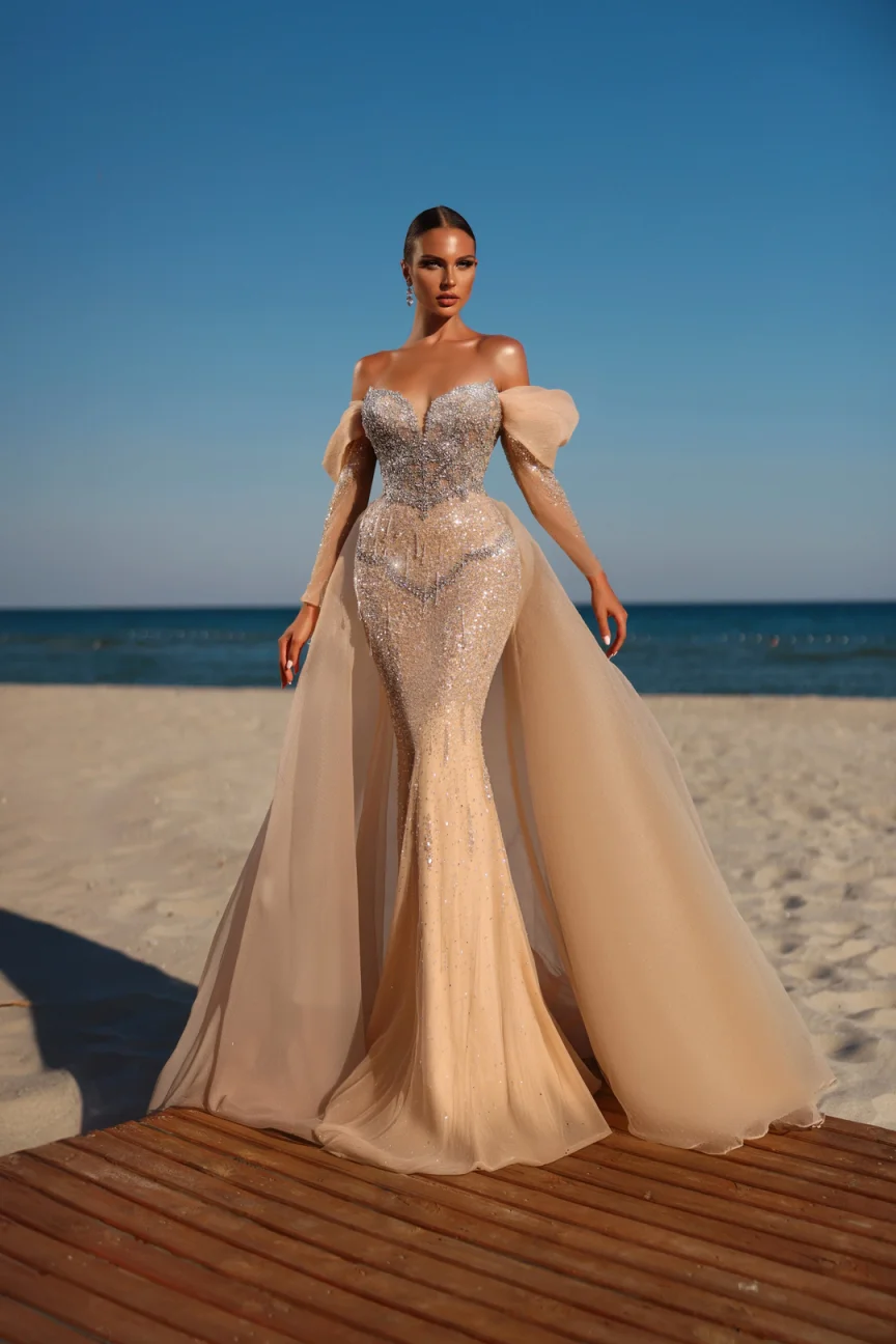 

Graceful Mermaid Cocktail Evening Dresses Strapless Sleeveless Detachable Train Appliques Beaded Customized Vestido De Noite