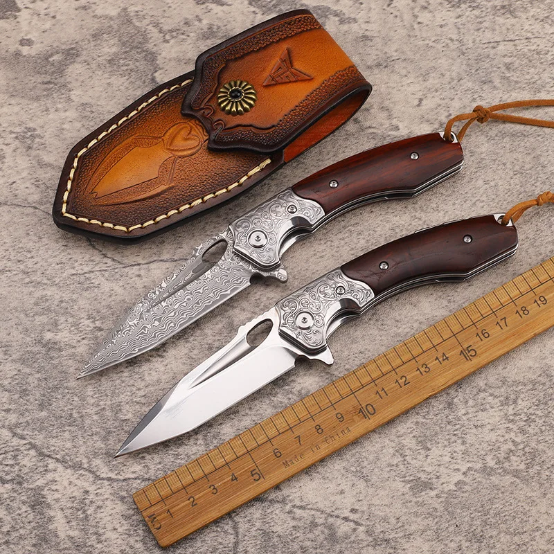 

M390 Steel / VG10 Damascus Steel Folding Knife Outdoor Camping Portable Pocket Knives Self Defense Tool with Leather Case