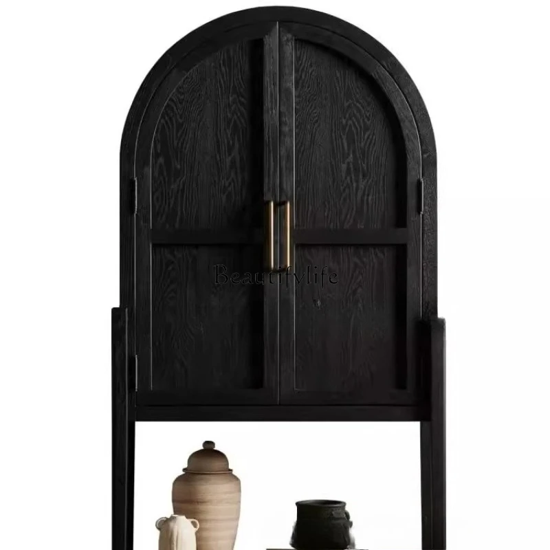 

French retro solid wood wine cabinet American light luxury living room multi-functional arched tall cabinet retro
