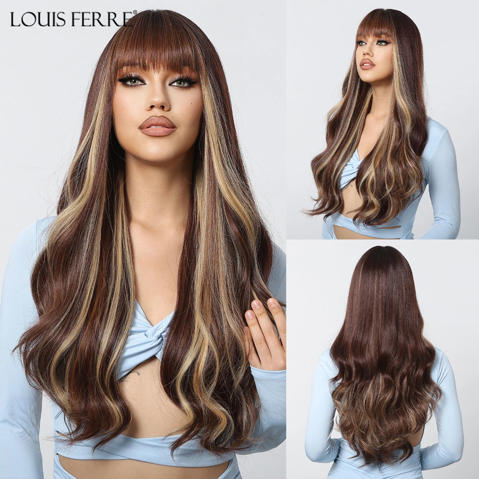 LOUIS FERRE Brown Blonde Highlights Wigs with Bangs Long Wavy Synthetic Wigs for Women Heat Resistant Natural Hair Daily Cosplay