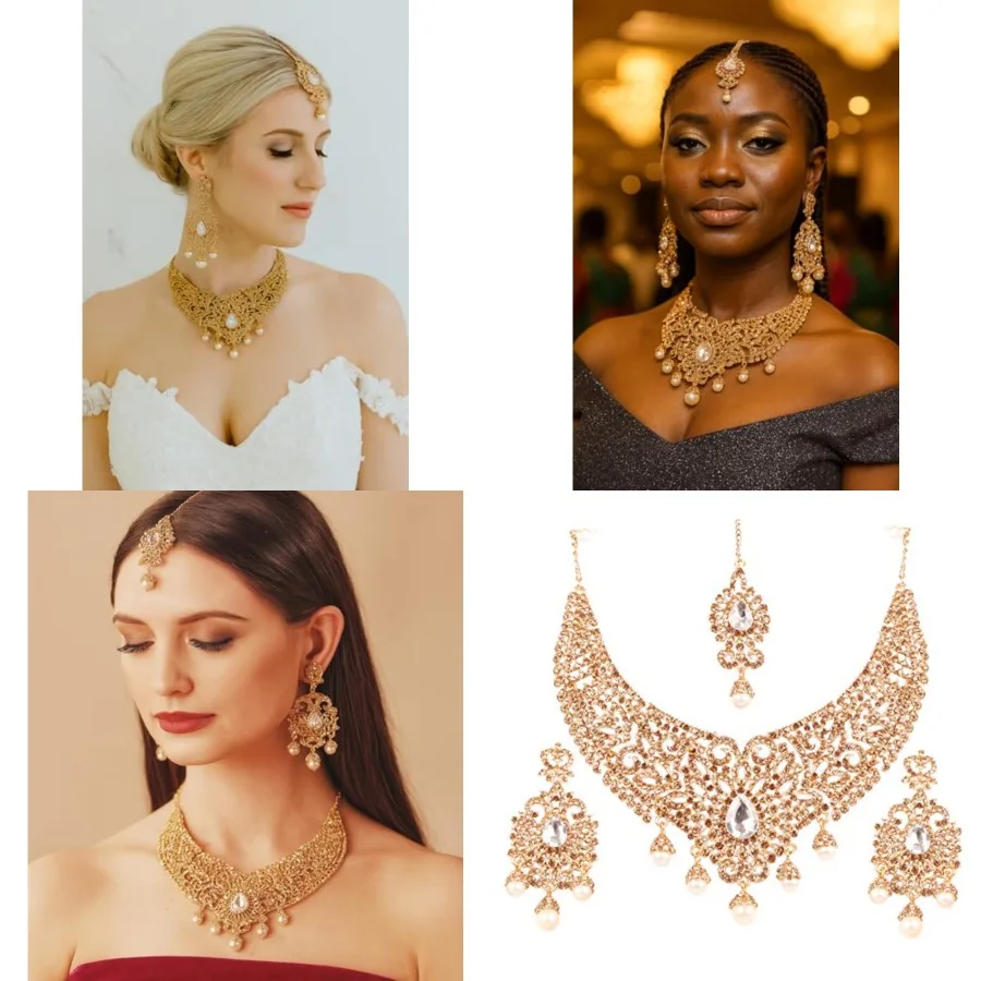 

Touchstone Indian jewelry sets for women tikka wedding necklace costume guest statement bollywood rhinestones crystal faux pear