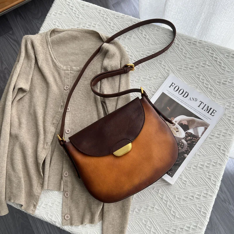 

2024 Head Cowhide Vintage Color Vegetable Tanned Leather Handmade Saddle Bag Leather Armpit Women Purses And Handbags