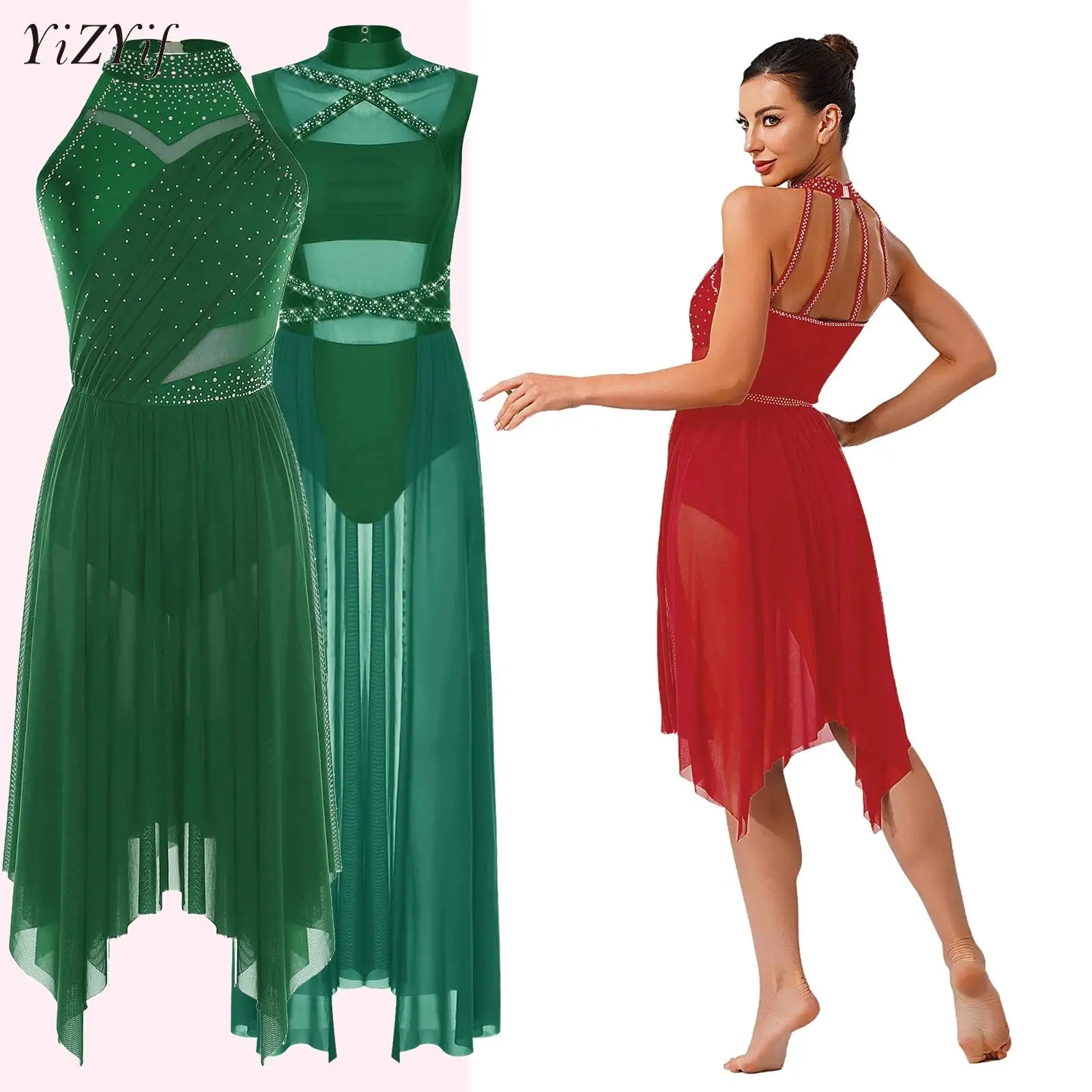 

Women Classical Lyrical Dance Dress Figure Skating Performance Costume Shiny Ballet Dance Leotard Dress for Rhythmic Gymnastics