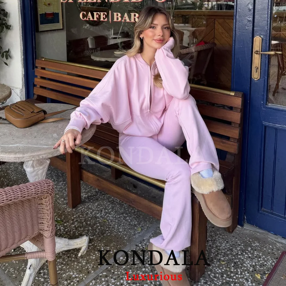 KONDALA Casual Chic Chocolate Brown Women Suits Long Sleeve Loose Jackets Long Flare Pants Elastic Sports Female Running Suits