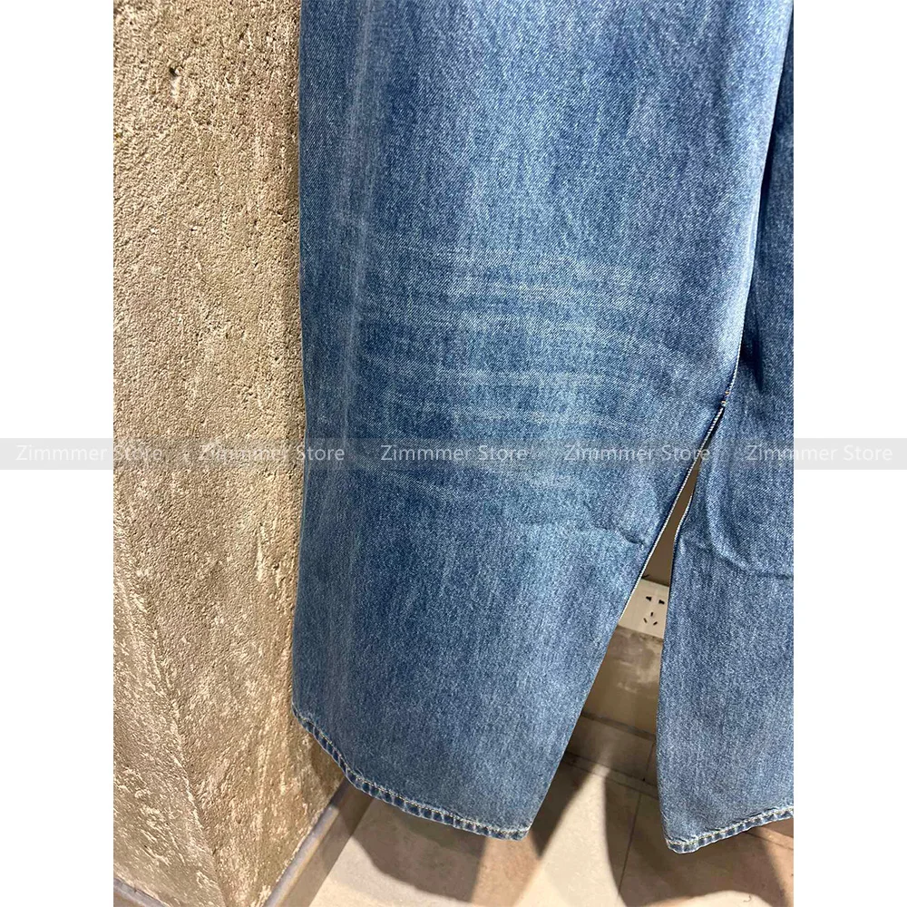 Women Vintage Niche Washed Blue Spliced Loose Straight Leg Wide Leg Jeans Jeans