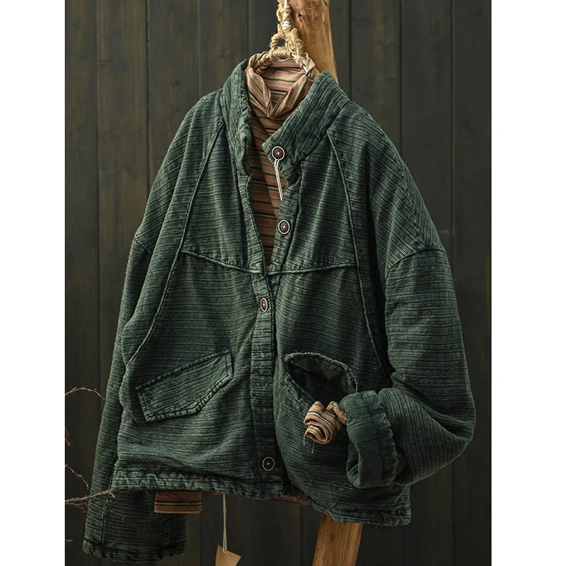2025 New Arrival Winter Women Long Sleeves O-neck Single Breasted Cotton Linen Parkas Casual Loose Warm Thickened Coats M163