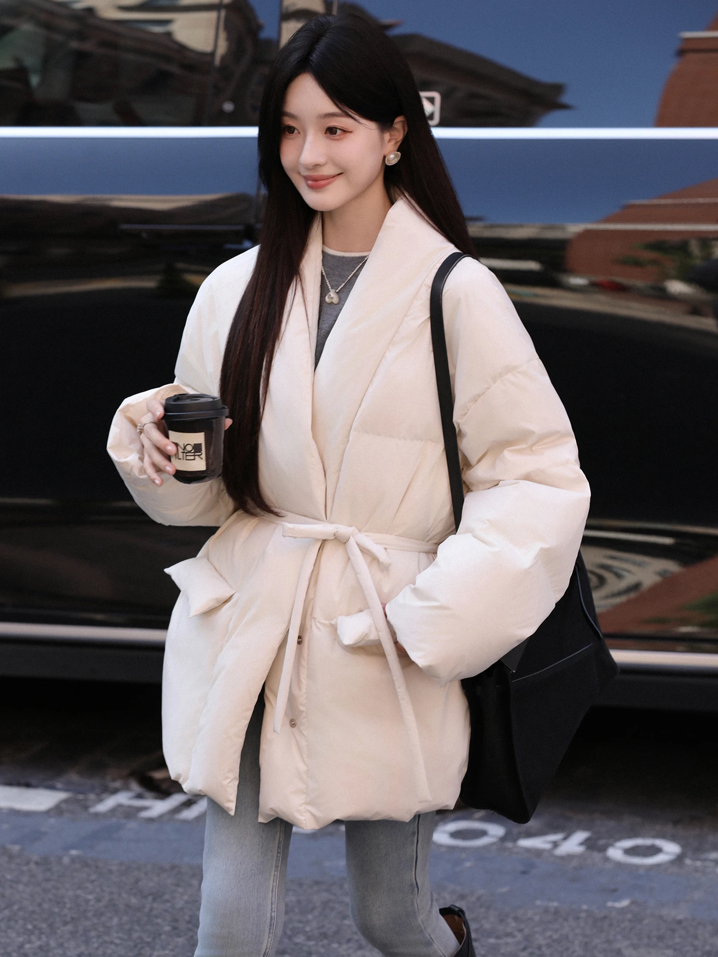 

Aboutpoem Women's down Jaet 90 Pure White Du down V-Ne Waist-Cinching Velvet Comfortable Long Sve Mid-Length Coat