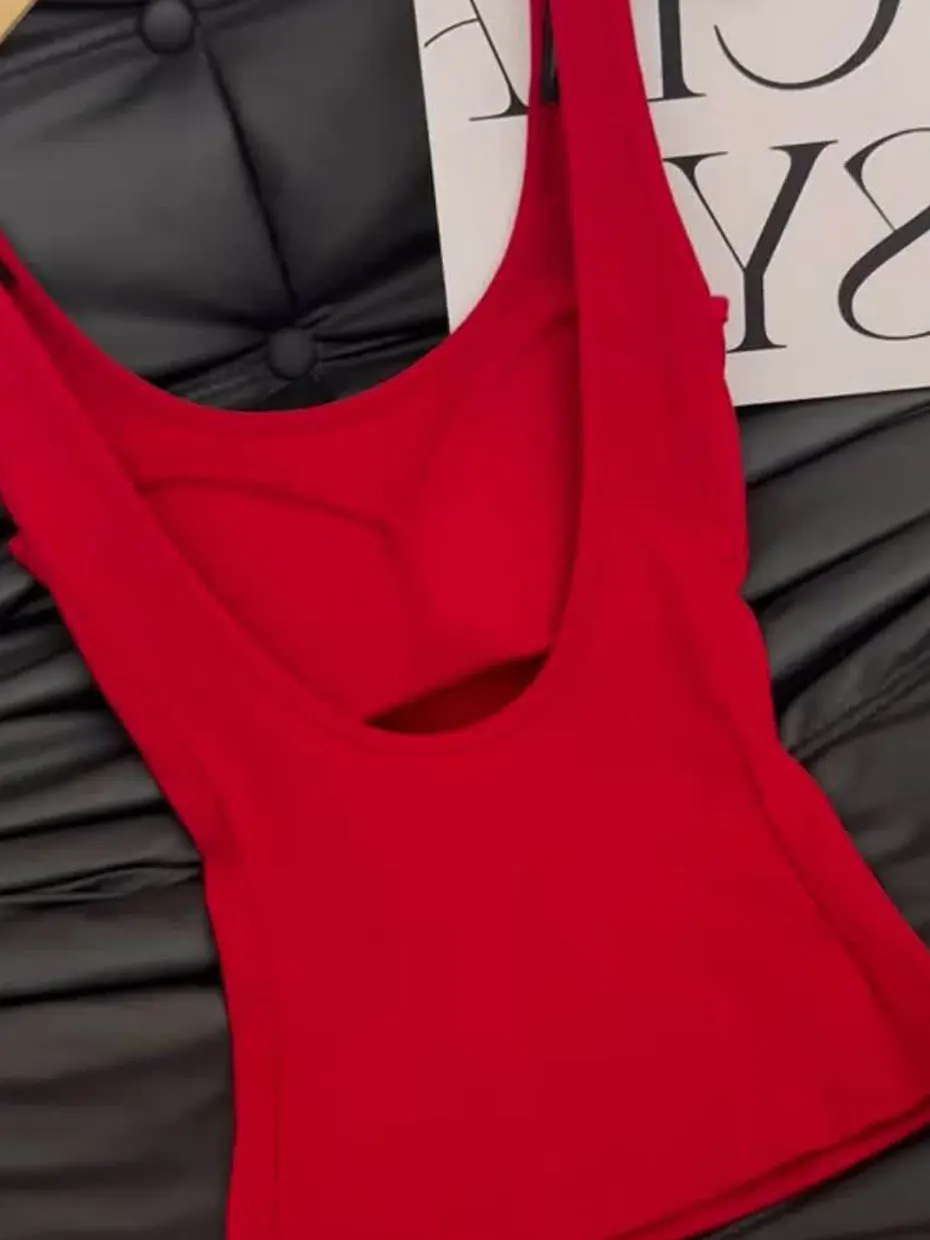 Red Backless Strap Vest Women Summer Outdoor Wear U-Shape Beautiful Back Bra Integrated Inner Match Sports with Chest Pad Top