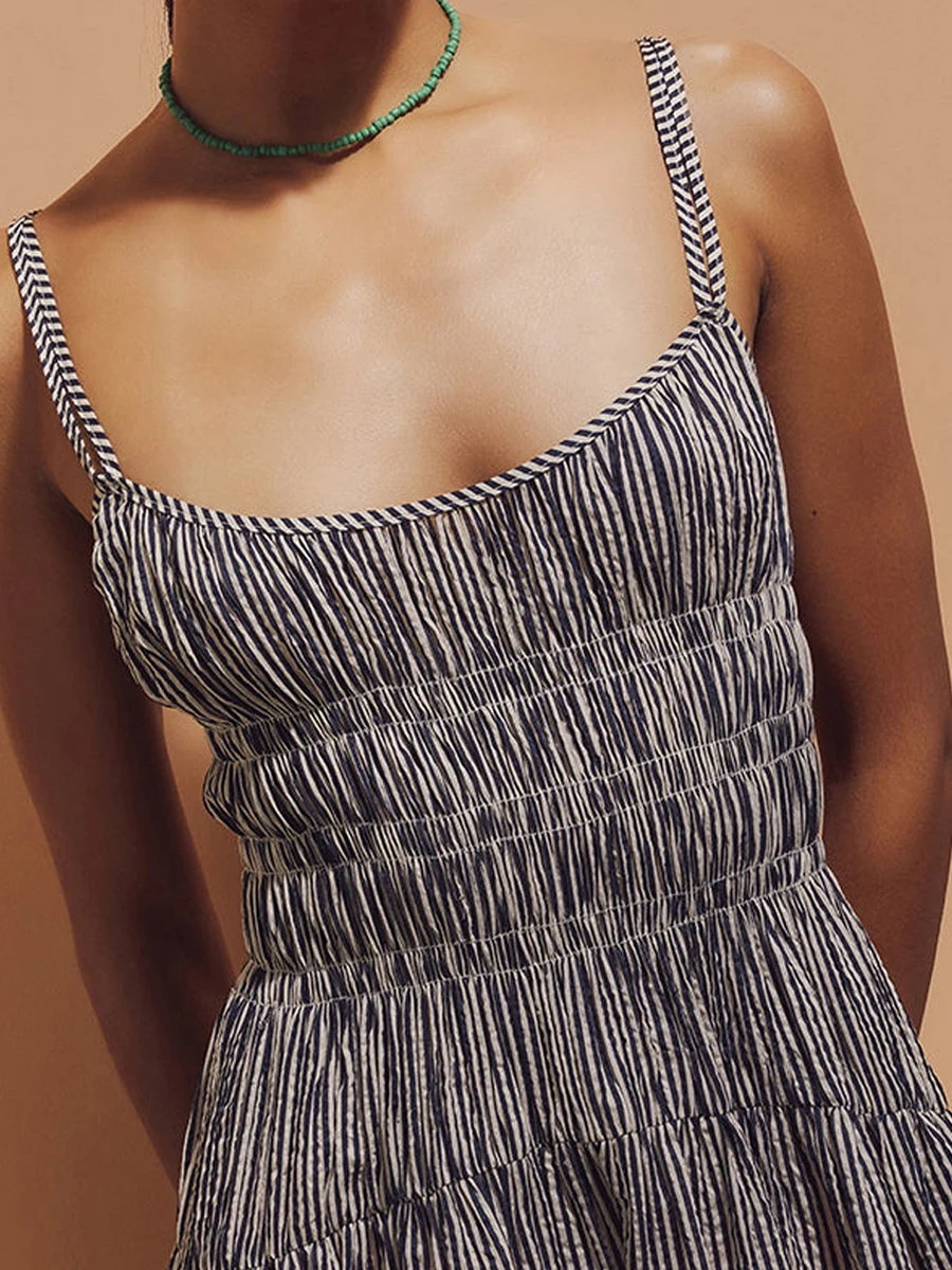 Women Cami Dress Stripe Spaghetti Straps Sleeveless Tie-Up Backless A-line Dress Midi Dress