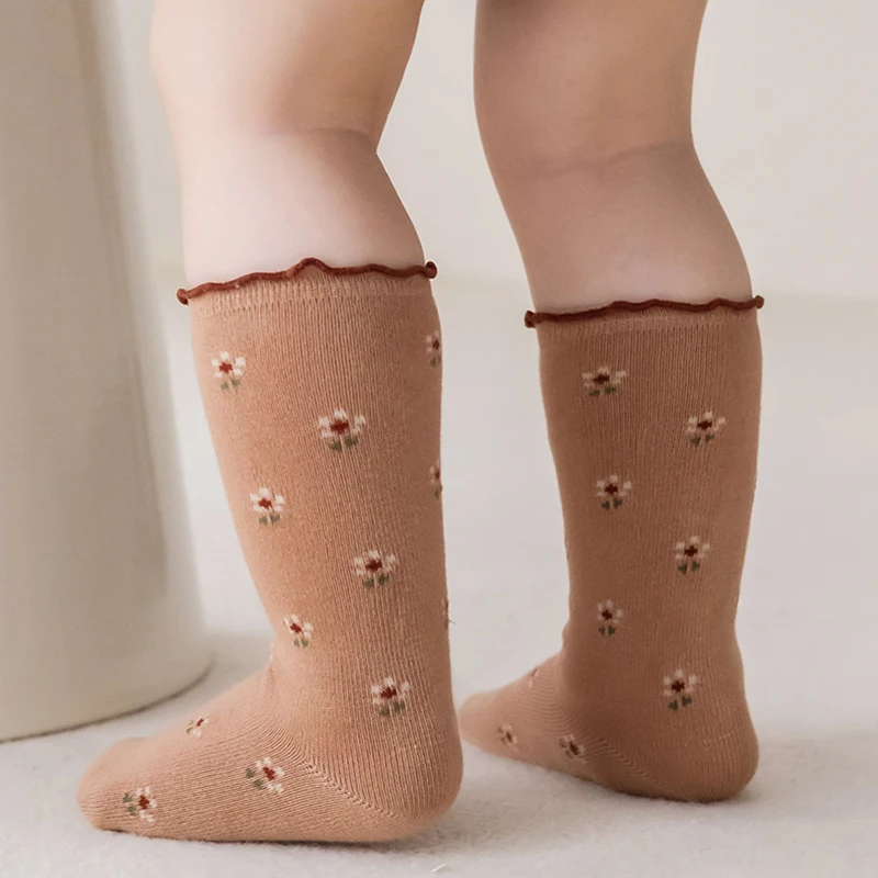 4Pairs Toddlers Girls Frilly Socks Soft Cotton Midded Tube Sock Flower Pattern Children Casual Socks Infant Baby Floor Sock