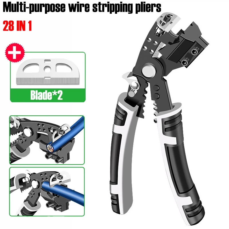 

28 IN 1 Multi-purpose Wire Stripping Pliers 2 Blade Set 90° Curved Wire Cutting Crimping Terminals Electricians Hand Tools