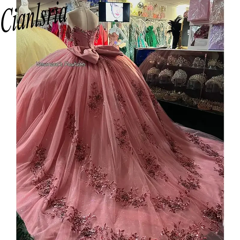 Pink Off The Shoulder Bow Quinceanera Dresses Ball Gown Sequined Appliques Lace Customized Corset Vestidos De XV Anos