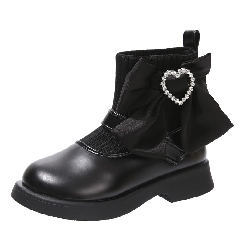 

Осенние ботильоны для девочек из искусственной кожи, модные детские короткие ботинки в стиле принцессы с сердечком и бантом, роскошная уличная нескользящая повседневная обувь для девочек