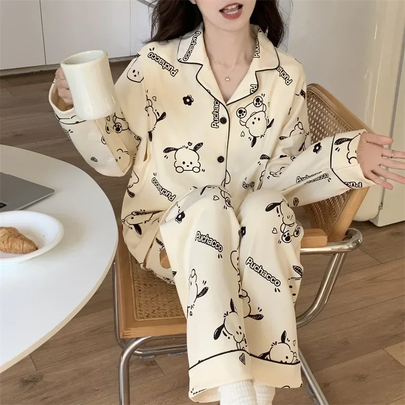 Sanrio Pacha Dog Silk Pajamas Women's Autumn Cotton Long Sleeve Pants Two-piece Set Casual Women's Pajamas Set Pajamas Pants Set