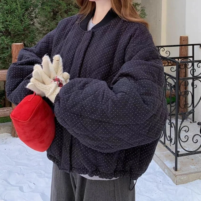

Black Polka Dot Design Short Cotton Coat for Women 2025 Winter New Style Warm and Thick Cotton Coat for Small People