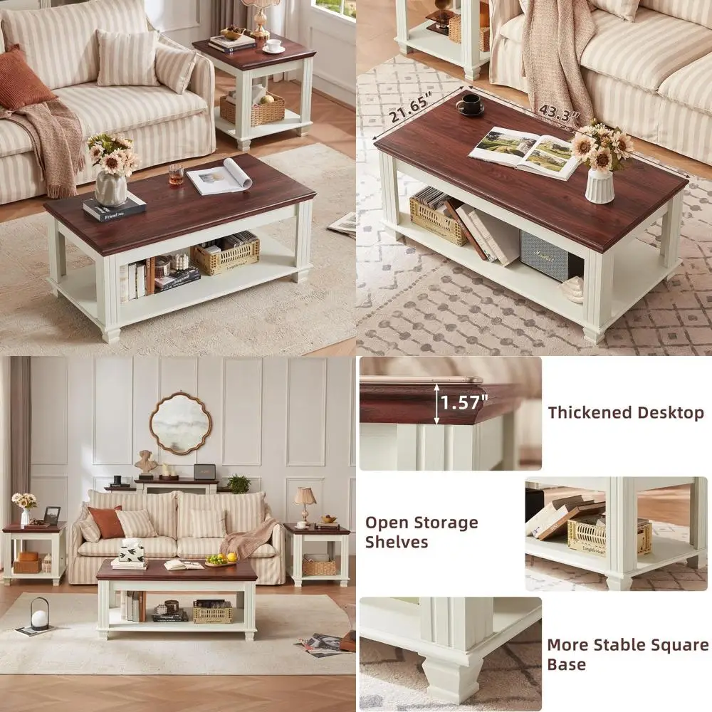 

Rustic 3-Piece Coffee and End Table Set with Open Shelf, White for Living Room