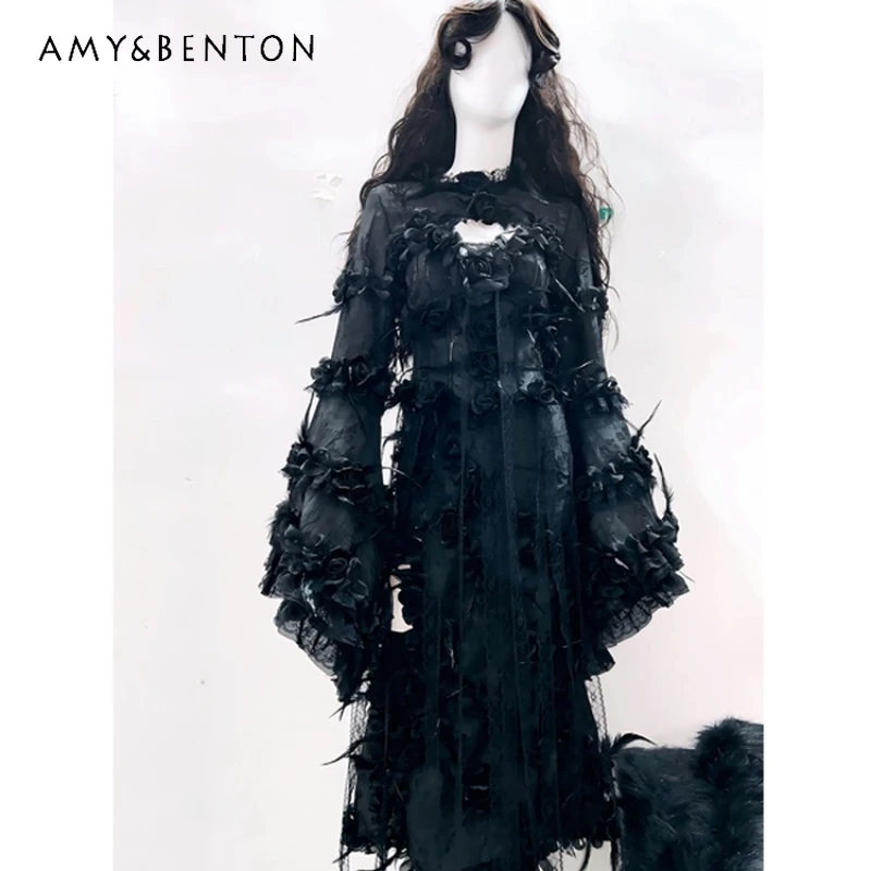 

2025 Autumn New Gothic Black Women's Long Dress Original Design Punk Dark Retro Sexy Waistband Halloween Long Dresses Ladies