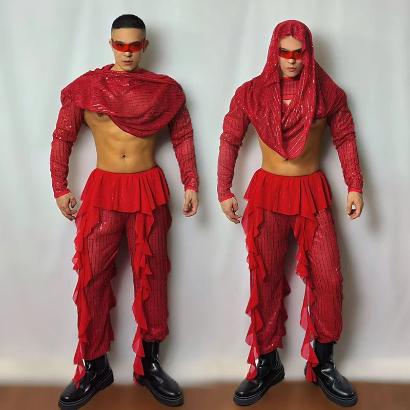 Męska odzież sportowa, stroje dla tancerzy gogo, egzotyczny czerwony kostium sceniczny, strój na imprezę w klubie nocnym, barze, na festiwal, VDL4399