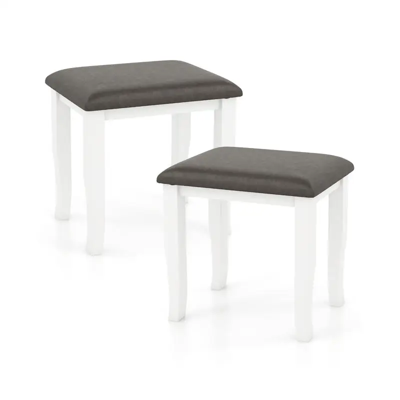 Set Of 2 Faux Leather Vanity Stools, Solid Wood Frame With High Density Sponge Cushion, Sturdy Makeup Chair Footrest For Bedroom Living Room Shoe Changing, Gray And White