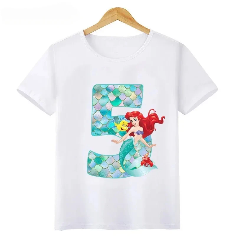 Cotton Princess Mermaid Graphic Girls Clothes Kids T Shirt Age 1 2 3 4 5 6 7 8 9 Years Birthday Number Bow Baby T-Shirts