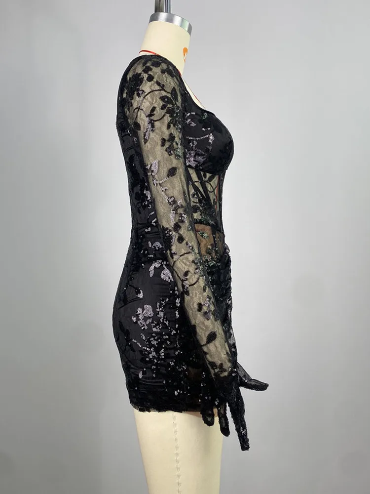 Women Summer Sexy Long Sleeve V Neck Sequins Black Lace Mini Dress 2024 Elegant Party Evening Stage Performance Dress Vestido