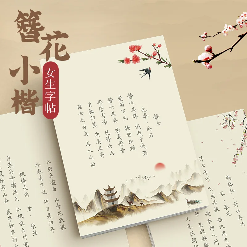 Тетрадь для каллиграфии Hairpin Flower Small Kai: Копирование изображений цветов и текстов из Книги песен, практика каллиграфии твердой ручкой, тетрадь для отработки навыков копирования.
