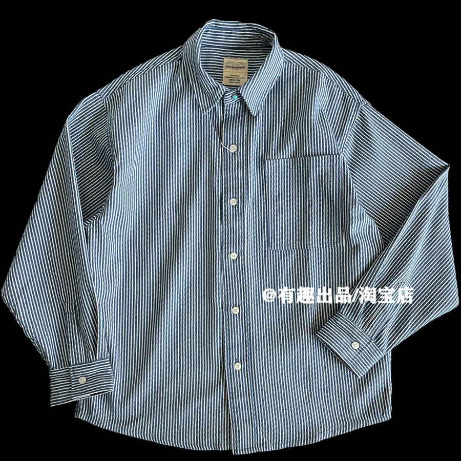 Awesome Blue-Striped Japanese Brand Heavyweight Washed Denim Shirt Retro Pointed Collar Workwear Chino Jacket for Men