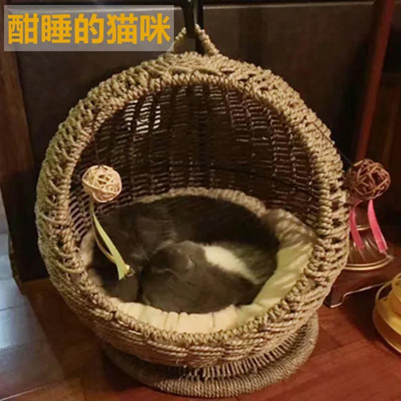 Sea Grass Hand Woven Semi Enclosed Pet Cat Cage Round Scratch Resistant Hanging Basket Rattan Woven Summer Cat Hammock