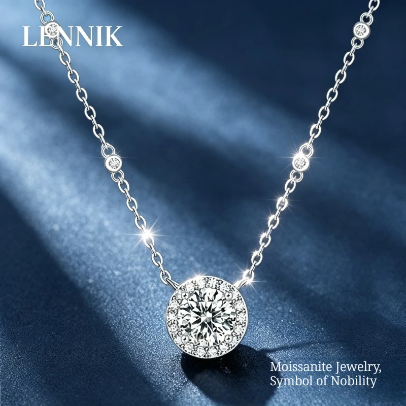 

LENNIK Moissanite 925 Sterling Silver Necklace Women's Versatile Temperament Gypsy Round Bag Pendant Accessories