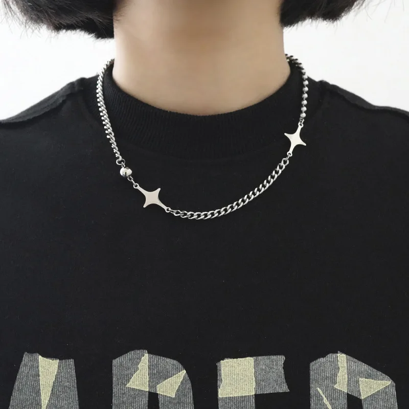 Titanium Steel Kpop Cross Star Necklace Simple Beads Star Chain Necklaces for Women Men Unisex Punk Necklace Grunge Jewelry