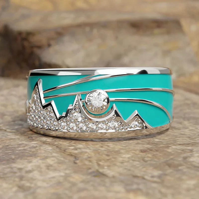2026 New European and American Style Handmade Enamel Drip Oil Ring for Women, Niche Mountains and Rivers, Sunrise Art Jewelry