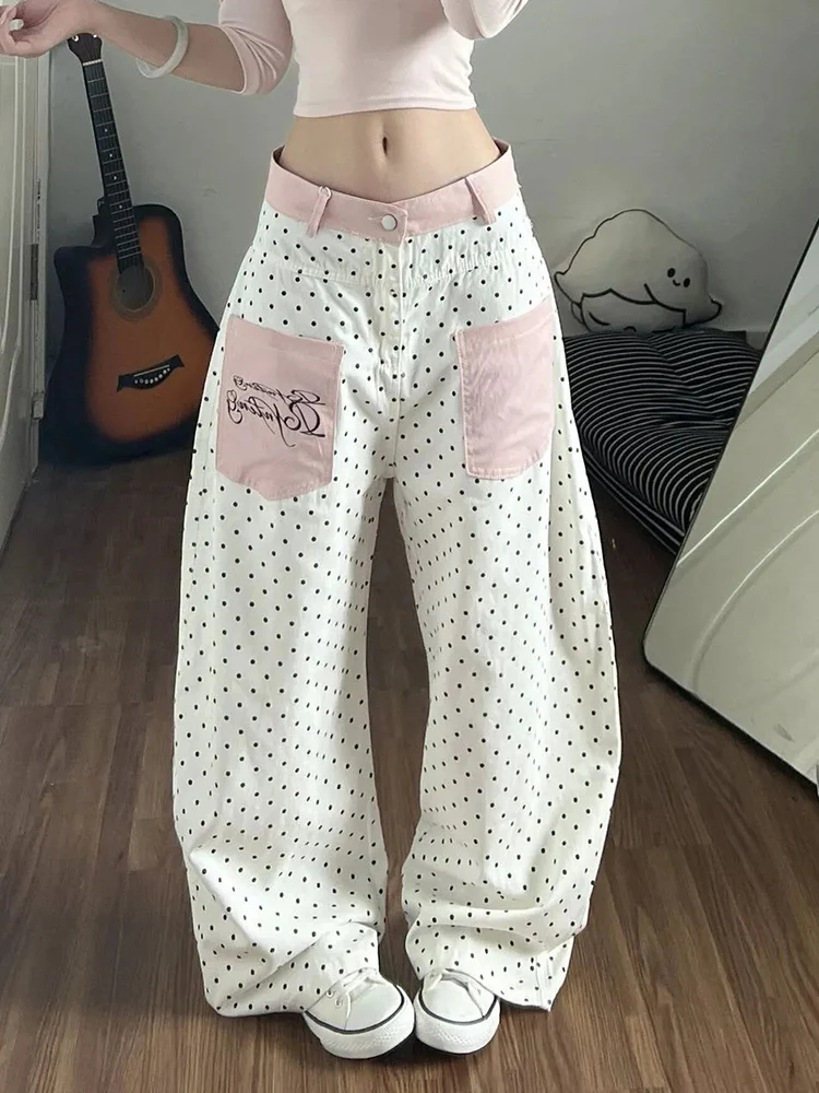 Streetwear Wide Leg Jeans Women Vintage White Polka Dots Patchwork Pants Summer Hottie Harajuku High Waist Casual Trouser New