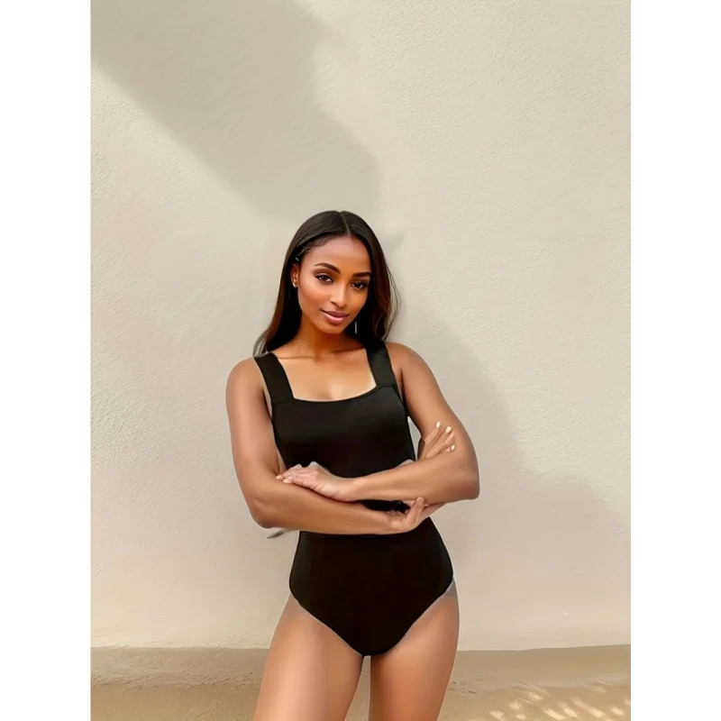 

Sexy women's bodysuit, new summer style, black, slim fit, one-piece swimsuit, hides belly, a must-have for beach trips.