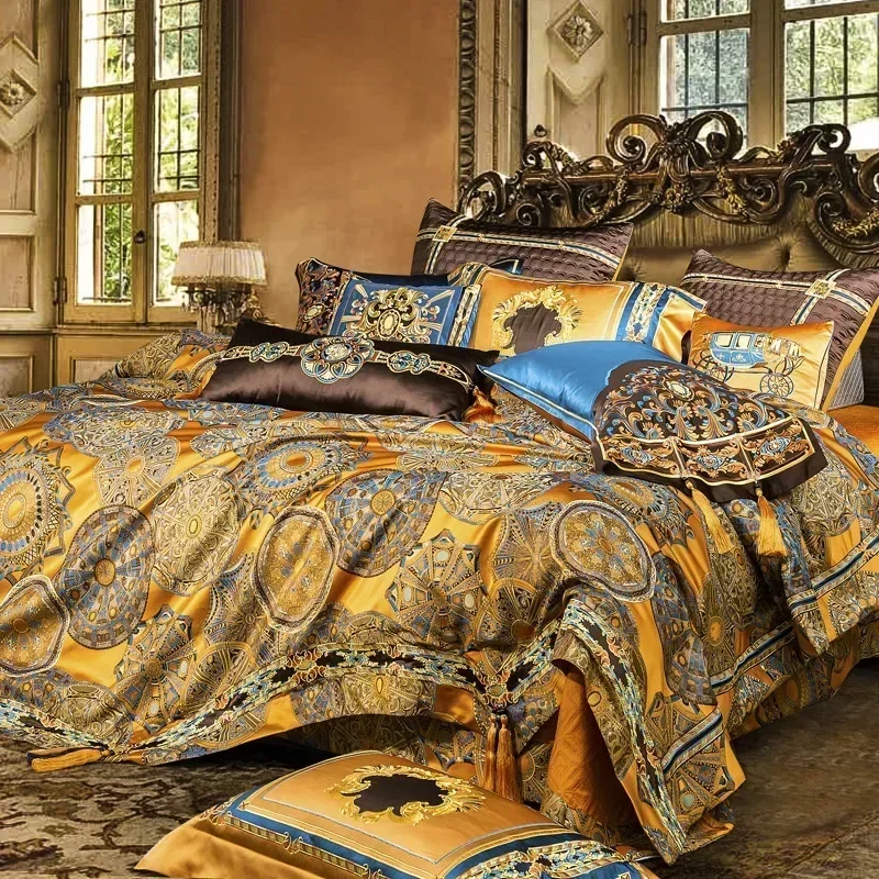 Luxury European Villa Brocade Bedding Set Jacquard Embroidery Egyptian Cotton Duvet Cover Bedspread Bed Sheet Pillowcases