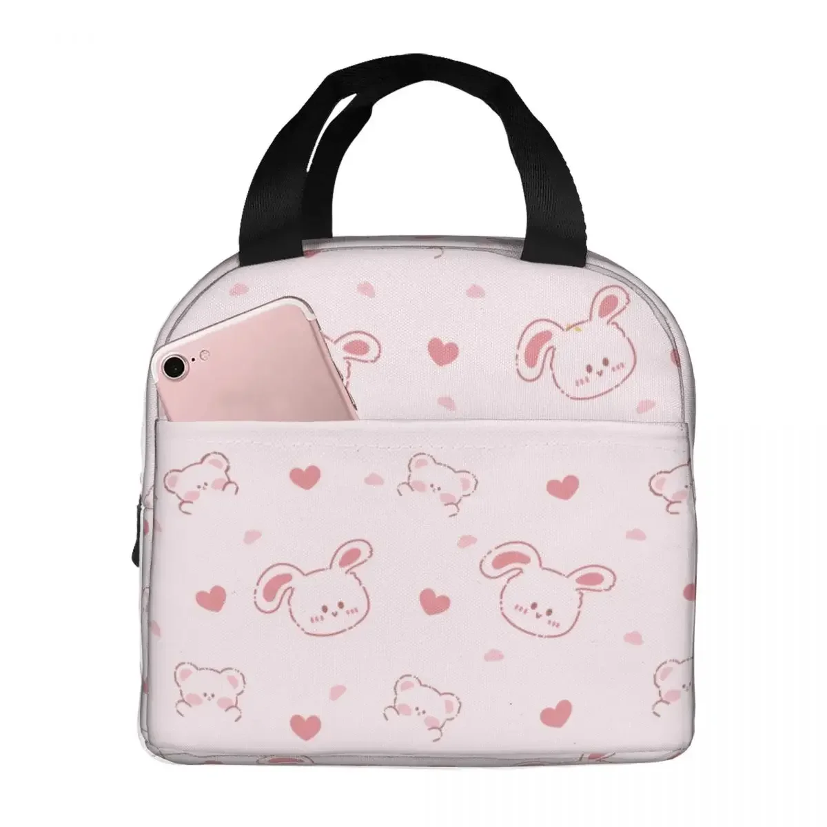 Rabbit Bear Cartoon Lunch Bag Portable Insulated Canvas Cooler Thermal Picnic Travel Lunch Box for Women Kids