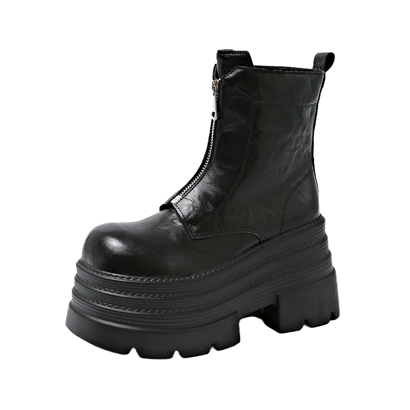 

Женские ботильоны, зимние мотоциклетные ботинки 10 см, кожаные кроссовки на толстом каблуке и платформе, женские короткие армейские ботинки на массивном каблуке на молнии