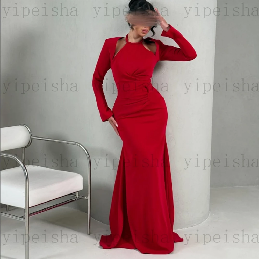 Personalizado halter pescoço vestidos de noite simples até o chão plissado sereia vestido de baile com jaqueta de manga cheia mdoern vestido longo