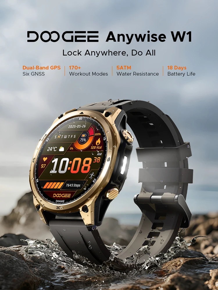 DOOGEE Anywise W1 Smartwatch Wasserdicht 1,43'' AMOLED-Bildschirm GPS Bewegungsverfolgung Herzfrequenz SpO2-Erkennung Bluetooth-Anrufe