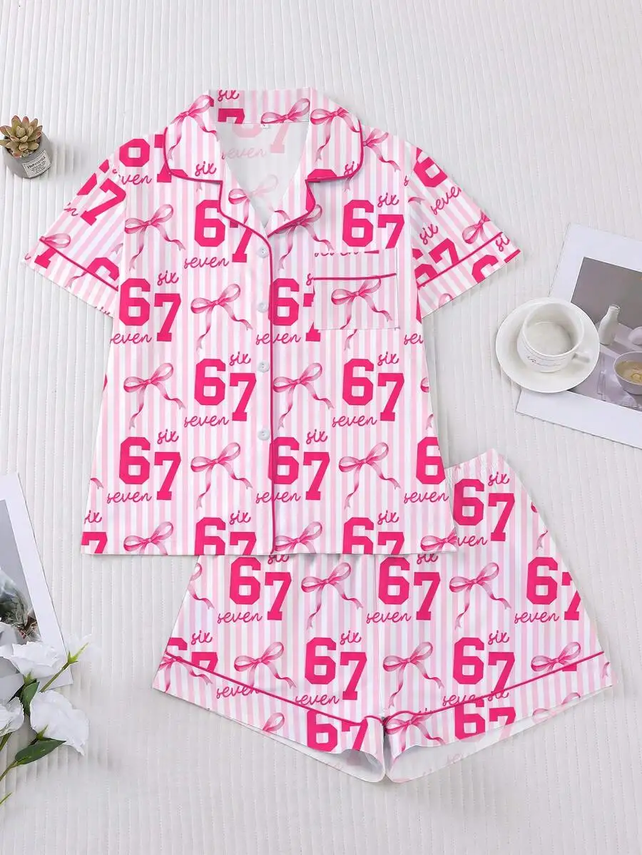 Women 2pcs Sleepwear Set With 67 Print Bow Pattern Short Sleeve Button Shirt And Elastic Waist Shorts