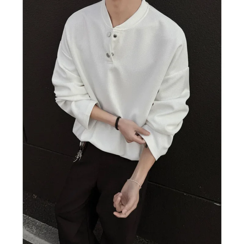 Pop Spring Long Sleeved T-shirt Men Fashion Casual White T Shirt Men Streetwear Korean Loose Stand Up Collar T Shirt Mens Clothi