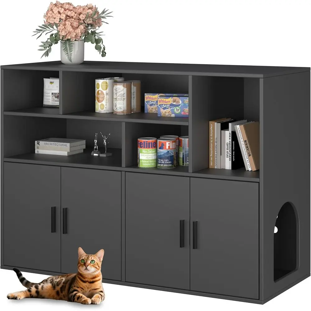 

Large Storage Cat Litter Enclosure with Hidden Boxes, Wooden House Cabinet in Black