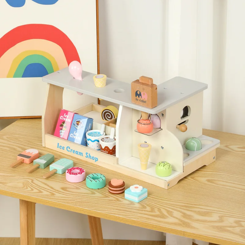 Simulation Ice Cream Shop Set Pretend Play Wooden Montessori Toy Ice-cream Cone Kitchen Food Toys for Kids Preschool Educational