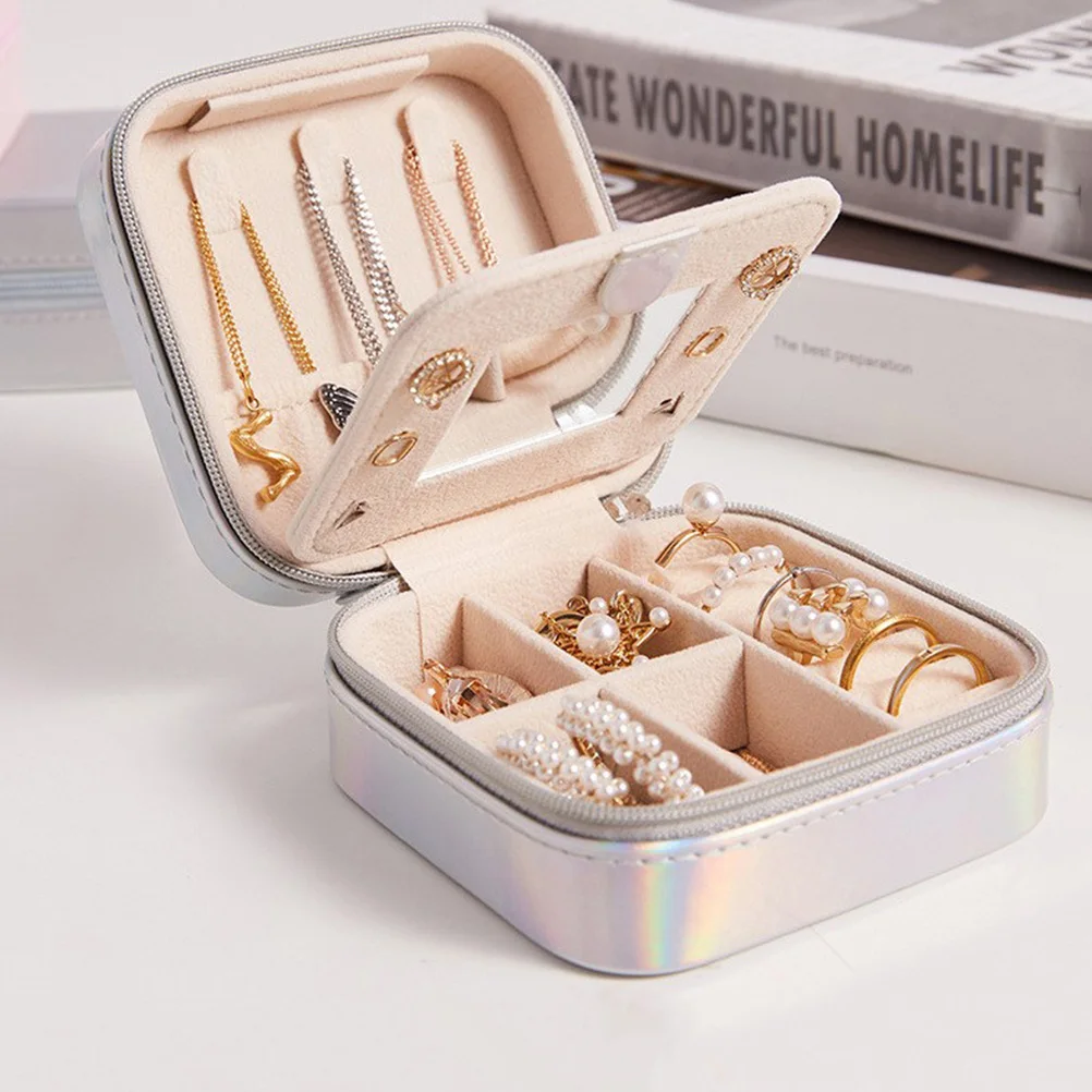 

Portable Jewelry Box ganizer Mirror for Necklace Earrings Bracelets Travel Case Lightweight Storage Small Size Premium Material