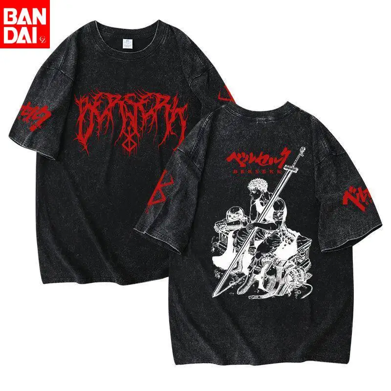 

Футболка унисекс оверсайз с винтажным эффектом и логотипом Berserk Guts & Puck Black Metal, летняя коллекция 2026, уличный стиль, аниме-графика
